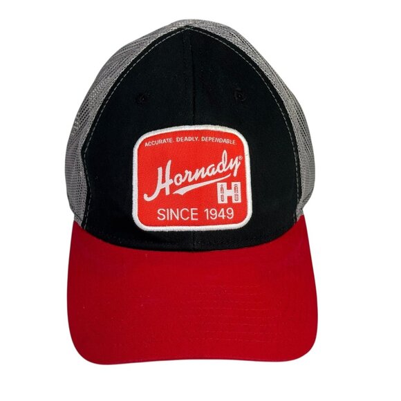 Hornady Hat Mesh Snapback Trucker Baseball Cap Adjustable Black Gray Red Patch - Picture 1 of 11